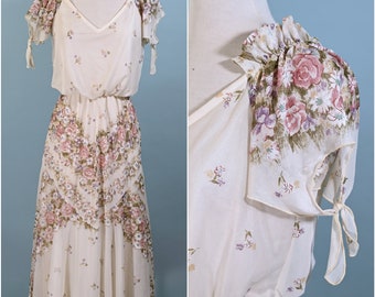 Vintage 70s Romantic Floral Print Long Dress, Gatsby Inspired Dress S