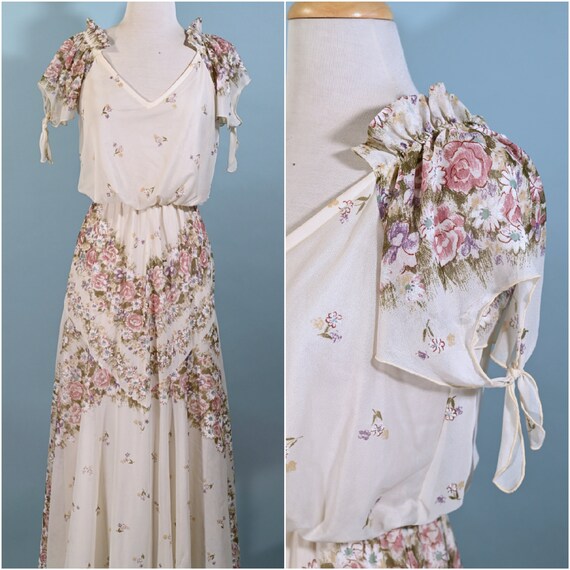 Vintage 70s Romantic Floral Print Long Dress, Gat… - image 1