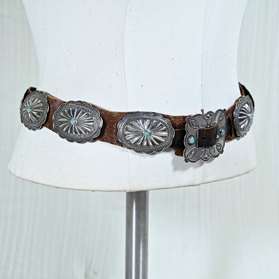 1930s Navajo Concho Belt, Hand Stamped Silver Tur… - image 8