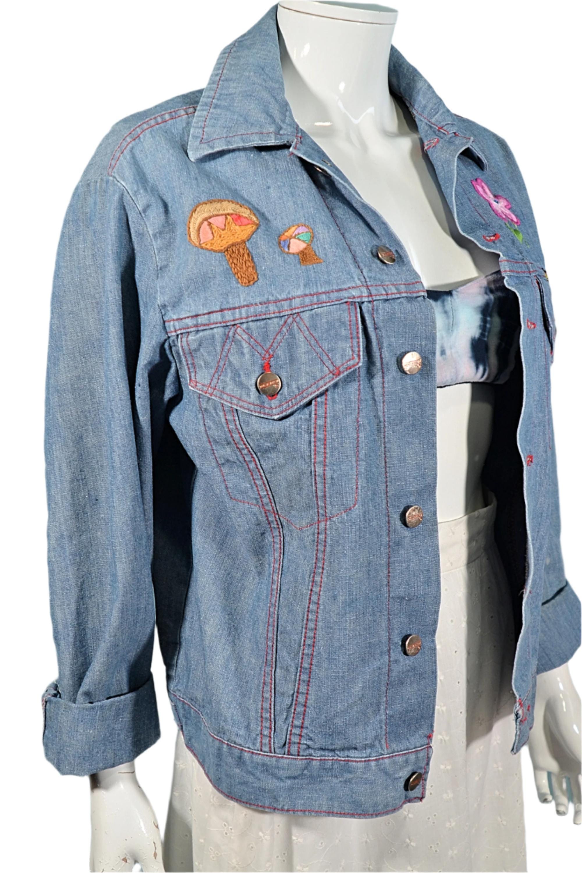 70s Embroidered Denim Jacket, OOAK Hippie Boho Denim Jean