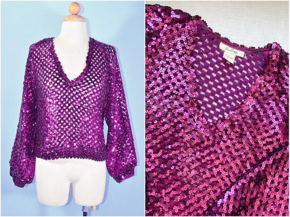 Vintage 70s Magenta Sequin Sparkle Top by Three F… - image 10