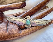 Vintage Silver Turquoise Thunderbird Brooch, Fred Harvey Era Pin, Native American Stamped w Arrows 8.3 G