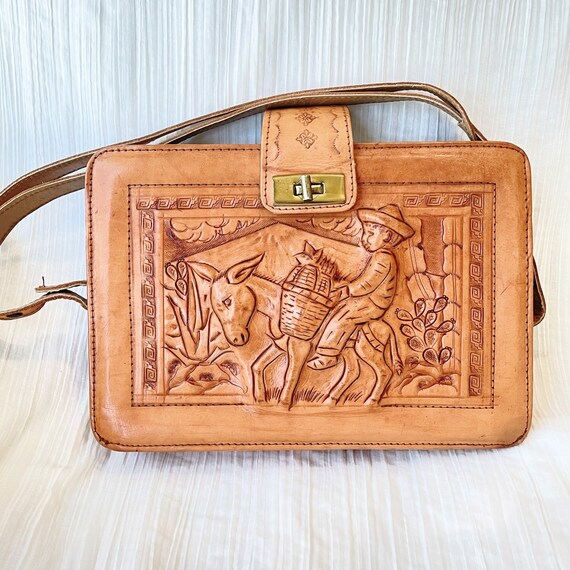 Vintage Tooled Leather Shoulder Bag, Boy on Donke… - image 4