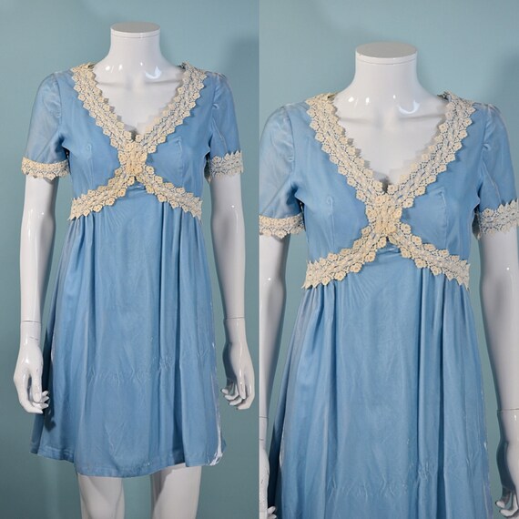 Vintage 60s Baby Blue Velvet Mini Dress Lace Deta… - image 5