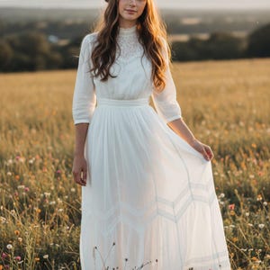May include: A white, long-sleeved dress with a high, lace-trimmed neckline and a flowing skirt. The dress features a fitted waist and decorative chevron-patterned panels near the hem. The image is set in a field of wildflowers.
