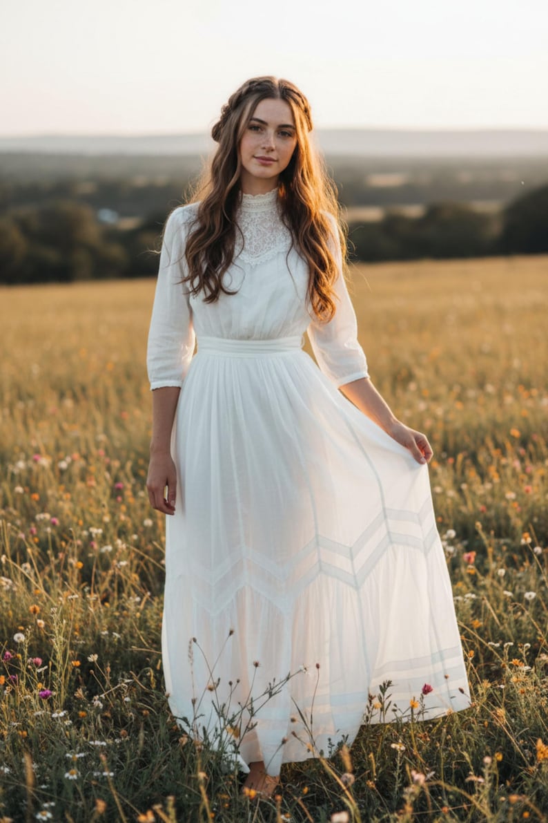 May include: A white, long-sleeved dress with a high, lace-trimmed neckline and a flowing skirt. The dress features a fitted waist and decorative chevron-patterned panels near the hem. The image is set in a field of wildflowers.