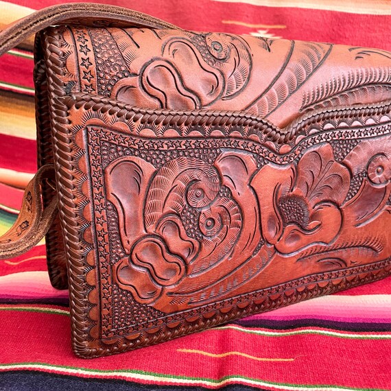 Vintage Heavily Tooled Leather Handbag, Southwest… - image 8