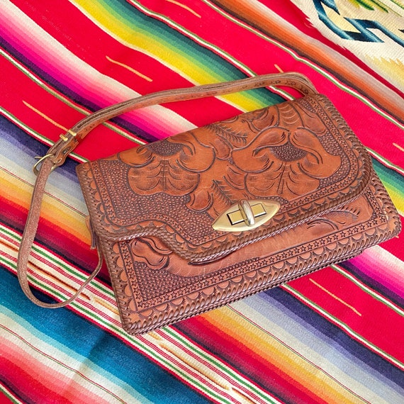 Vintage Heavily Tooled Leather Handbag, Southwest… - image 1