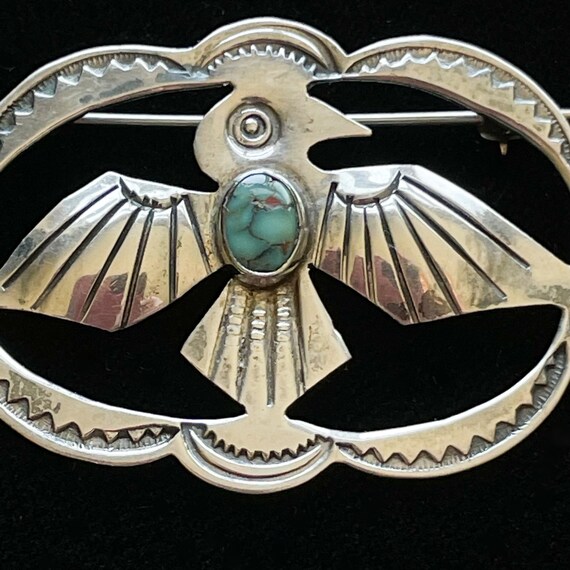 Vintage Sterling Silver Turquoise Thunderbird Bro… - image 2