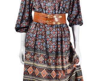Vintage 70s Ethnic Print Semi Sheer Boho Dress, OS