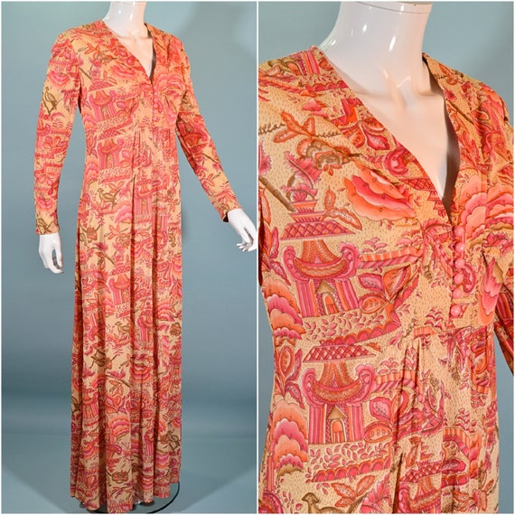 Vintage 70s Maxi Dress, Birds Flowers & Pagodas P… - image 6