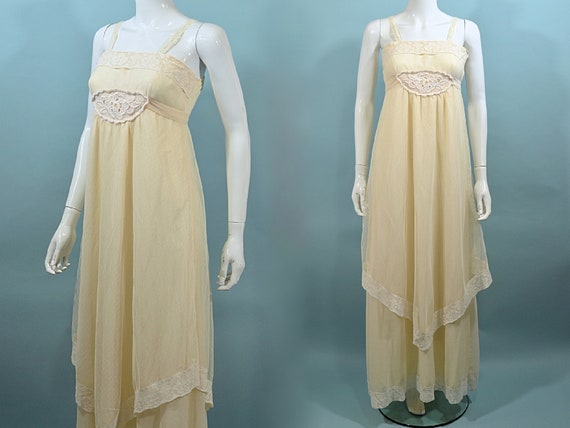 Vintage 60s Cream Sheer Lace Maxi Dress, 20s Styl… - image 2