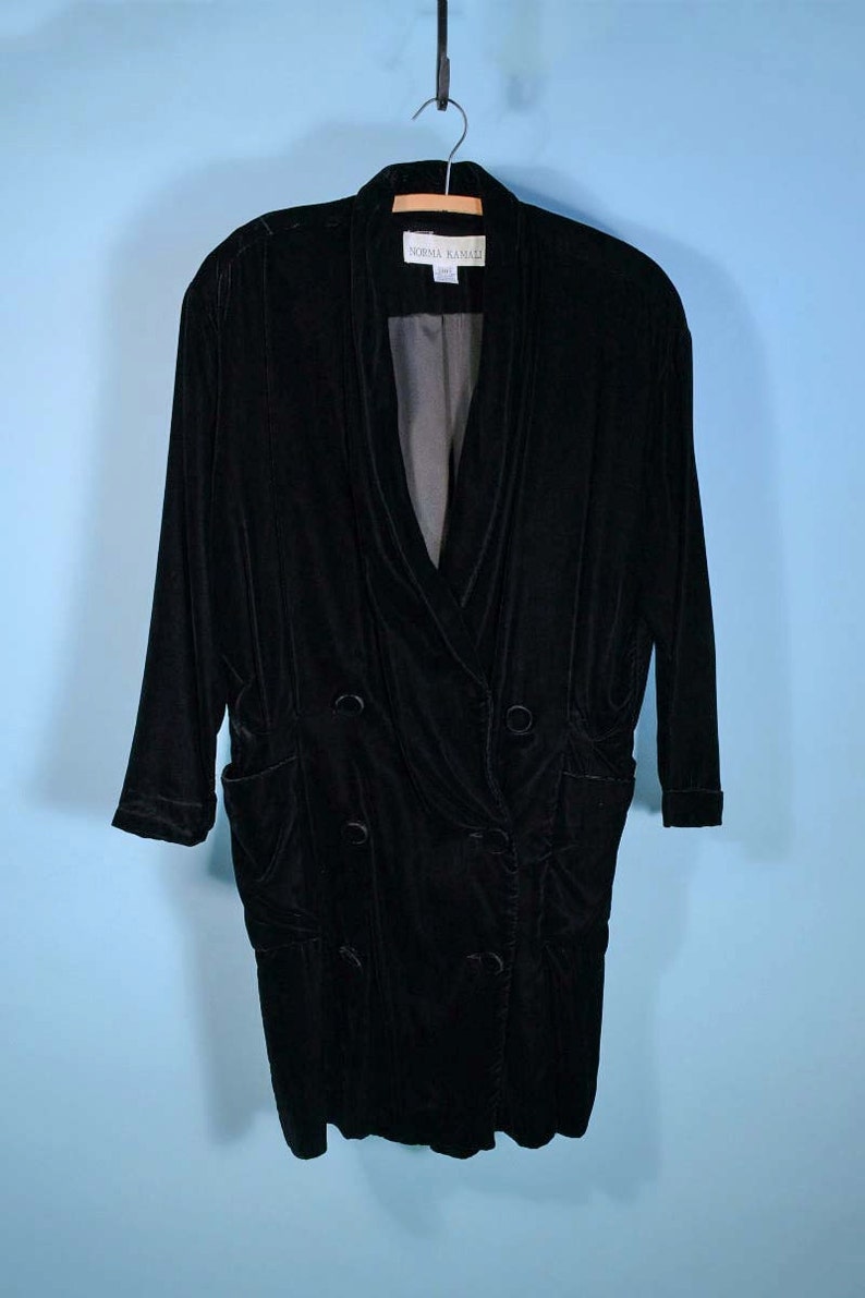 Norma Kamali Vintage Black Velvet Coat, Double Breasted Oversized Fit, SZ L image 2