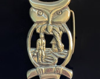 Vintage Solid Brass Owl Tropical Theme Belt Buckle, Hippie Belt Buckle