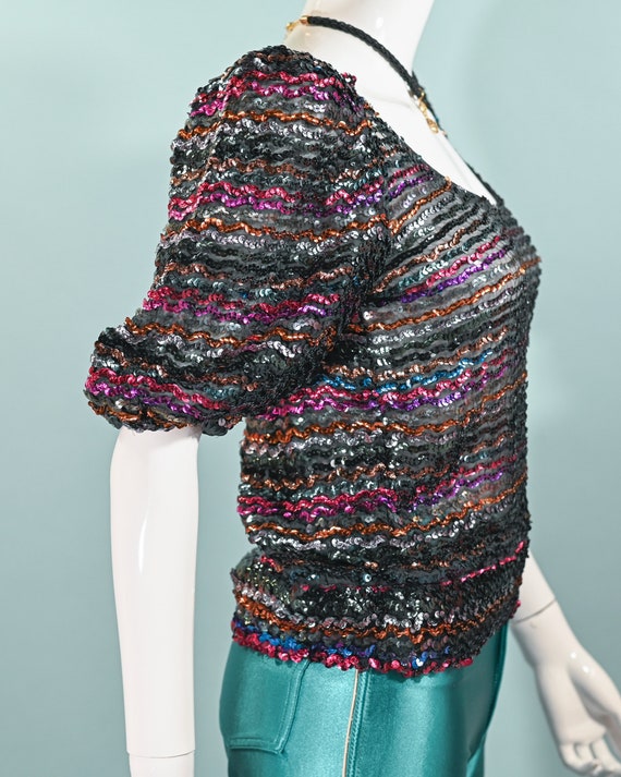 Vintage 70s Sparkle Sequin Disco Top, Puff Sleeve… - image 5