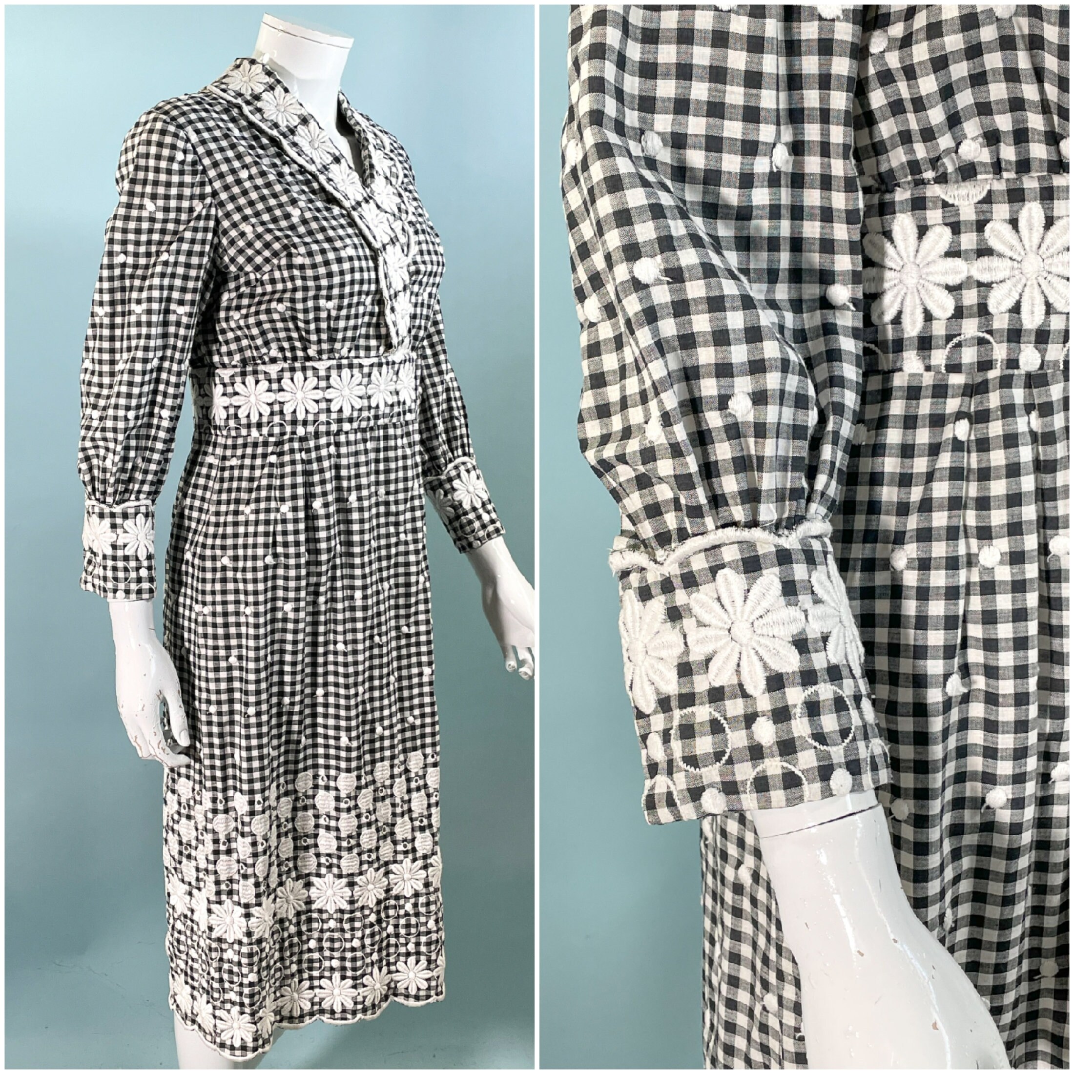 Vintage 60s Black/white Check Embroidered Dress, Gingham