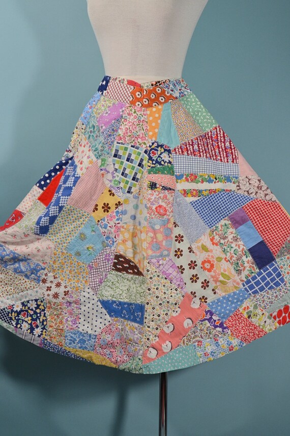 Vintage 60s Patchwork Skirt, 30s Feed Sack Quilt,