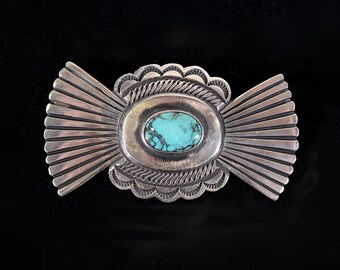 Navajo Sterling Silver Turquoise Etched Stamped Brooch/Pin, Signed MC Martha Cayatineto 31.5 Grams