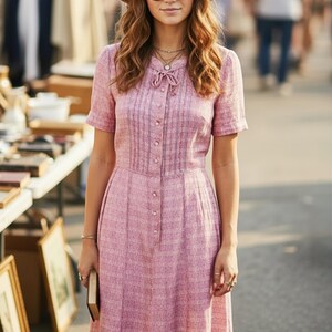 Korel Vintage 40s Pink Sheer Print Dress Pearl Buttons, 27 In Waist
