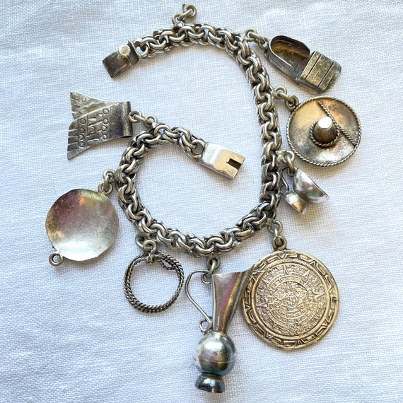 Vintage Sterling Silver Charm Bracelet, Mexican Souvenir Tourist