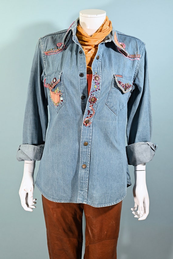 OOAK 60s/70s Landlubber Embroidered Denim Shirt, … - image 8