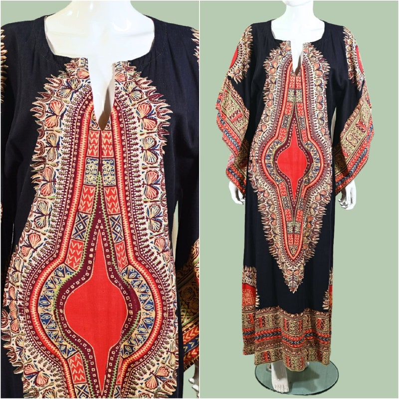 60s Pakistan Caftan Bohemian Hippie Dress Loungewear, Block Print S