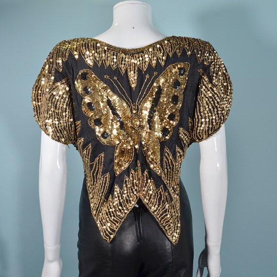 Vintage 70s Sequin Butterfly Top, Gold/Black Boho… - image 5