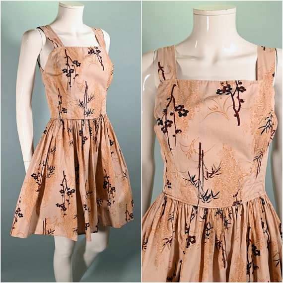 Vintage 50s Asian Print Dress, Full Skirt 26" Wai… - image 1
