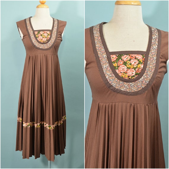 70s Patchwork Empire Waist Dress, OOPS of Califor… - image 1