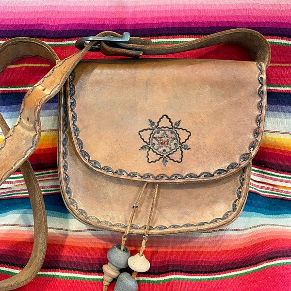 Vintage Tooled Leather Southwestern Shoulder Bag w/Ceramic Beads