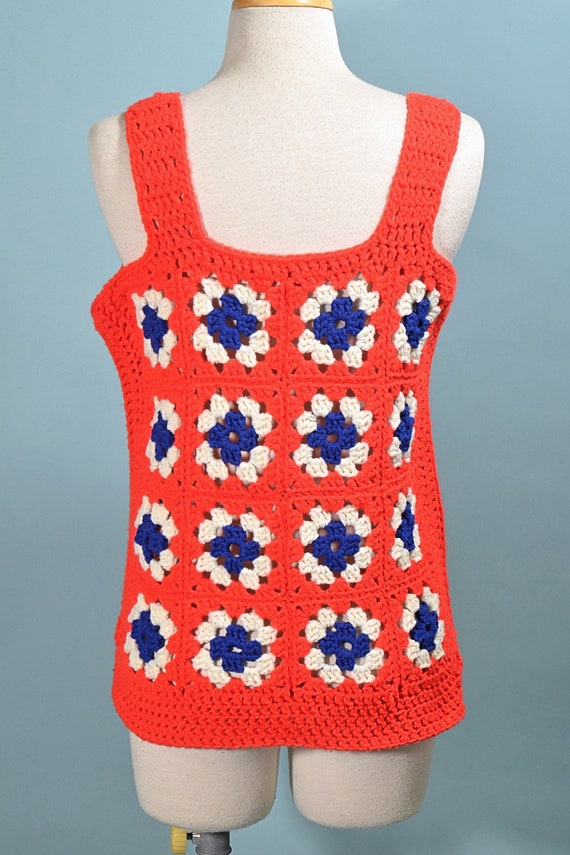 Vintage 70s Granny Square Crochet Top, Americana … - image 9