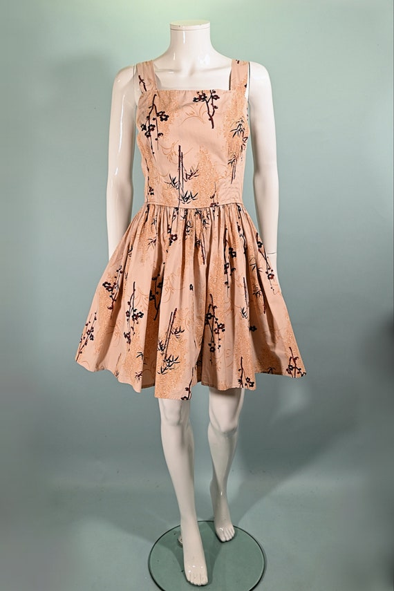 Vintage 50s Asian Print Dress, Full Skirt 26" Wai… - image 4