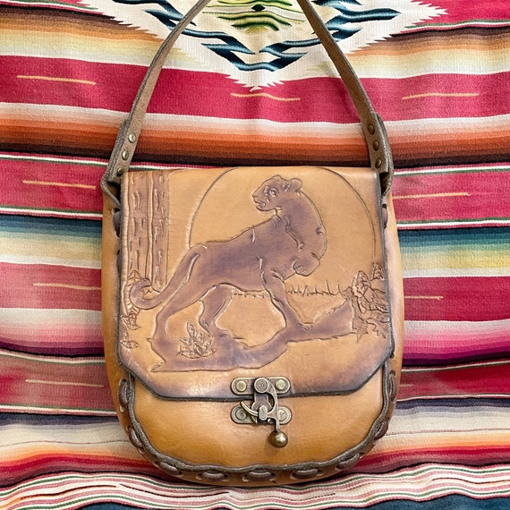 Vintage Hand Tooled Leather Shoulder Bag, Wild Ca… - image 1