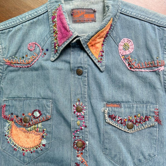 OOAK 60s/70s Landlubber Embroidered Denim Shirt, … - image 7