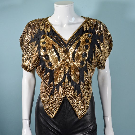 Vintage 70s Sequin Butterfly Top, Gold/Black Boho… - image 1