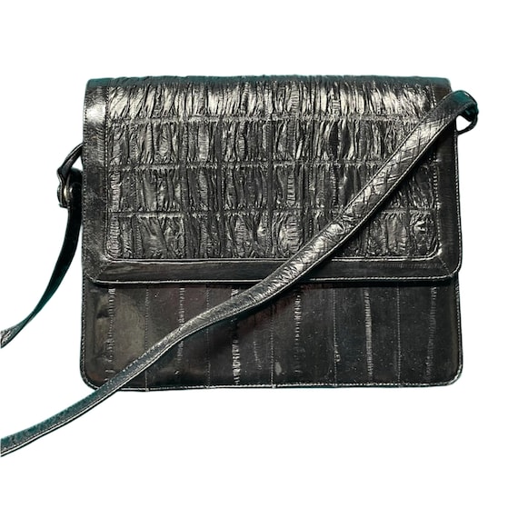 Vintage Genuine Black Eel Skin Shoulder Bag, Exotic Skin Handbag