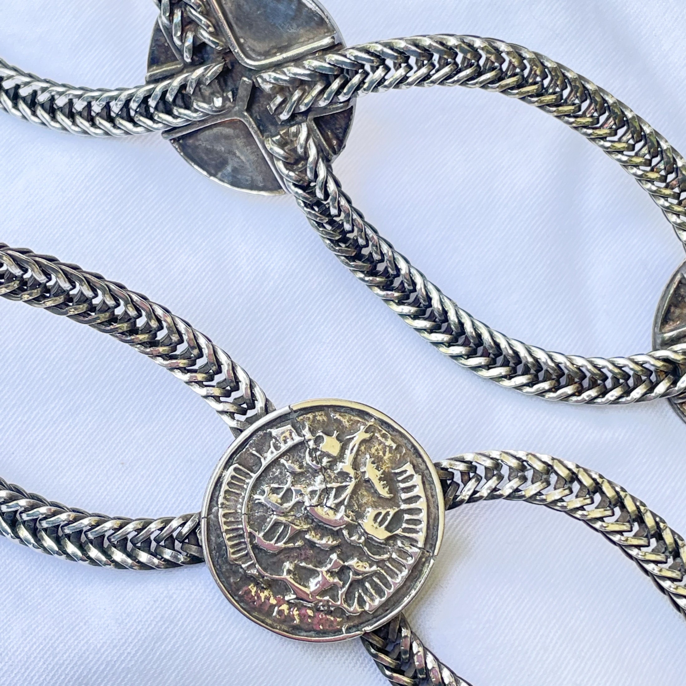 Vintage Silver Tone Asian Face Coin Chain Belt: Boho 