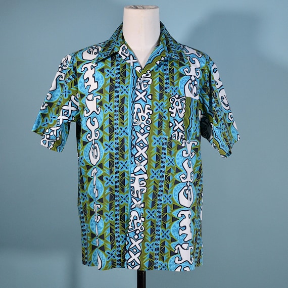Vintage Hawaiian shirt 60s mod tiki shirt 1960s groovy psychedelic neon rainbow 70s Aloha shirt men M Hawaii Kilauea volcano Mauna Loa Maui Kleding Gender-neutrale kleding volwassenen Tops & T-shirts Oxfords 