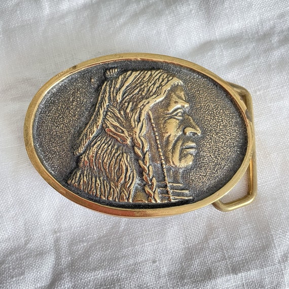 Vintage 70s Solid Brass Native American Indian Be… - image 2