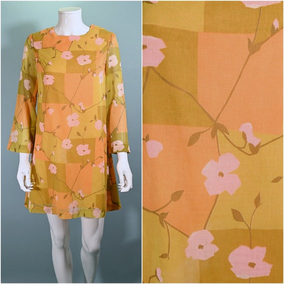Vintage 60s Mod Mini Dress, Floral Print Mini Shi… - image 1