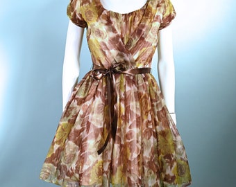 Carol Robins 1960s Fit & Flare Dress, Browns/Greens Watercolor Print XS/S 24" W