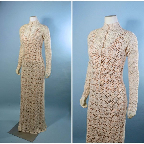 Vintage 70s Cream Crochet Bohemian Wedding Dress, Open Weave Romantic Boho Knit Maxi Dress, High Neckline Buttons up Front S