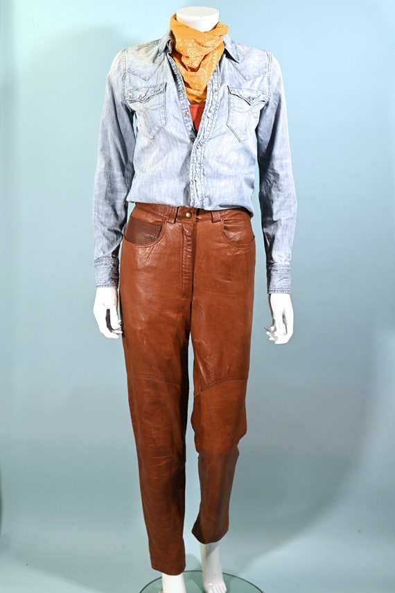 Vintage Brown Leather Pants, Slim Fit Size 6/S