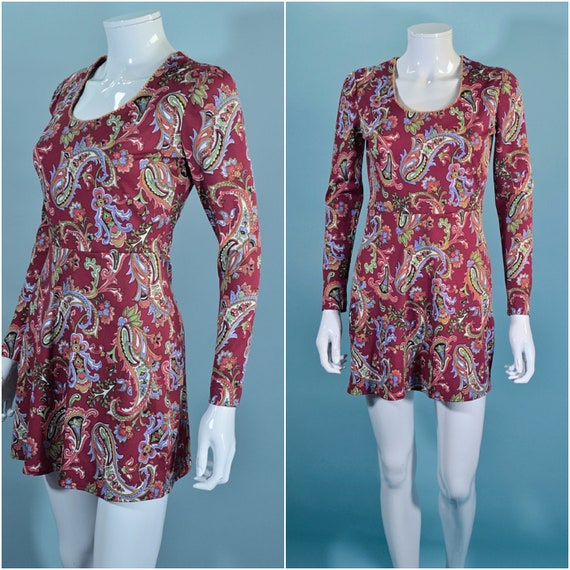 1960s Mod Paisley Print Mini Dress S - image 2