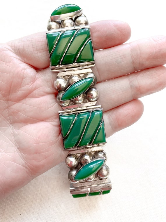 Vintage 40s Sterling Silver Green Onyx Bracelet, 925 Mexican