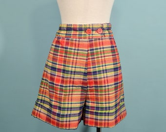 Vintage 70s Madras Plaid Shorts, High Waist 24"