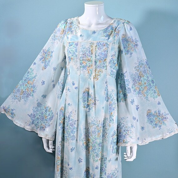 Vintage Angel Sleeve Maxi Dress, Soft Blue Floral… - image 4