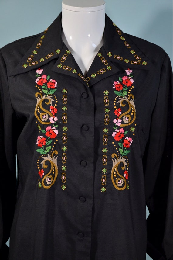 Vintage 60s Black Ethnic Hand Embroidered Blouse,… - image 1