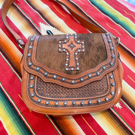 Vintage Tooled Leather Cowhide Shoulder Bag, Meta… - image 4