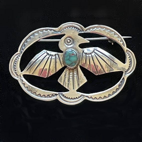 Vintage Sterling Silver Turquoise Thunderbird Bro… - image 1